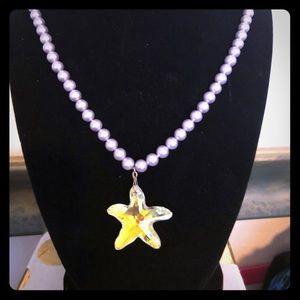 Lavender real Pearls and crystal starfish necklace